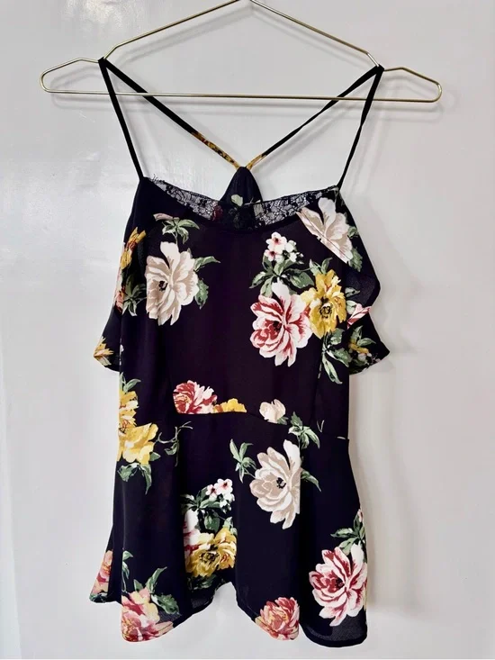 Monteau| Feminine Black & Pink Floral Lace-Trim Peplum Cami Blouse Sz S - Picture 2 of 7